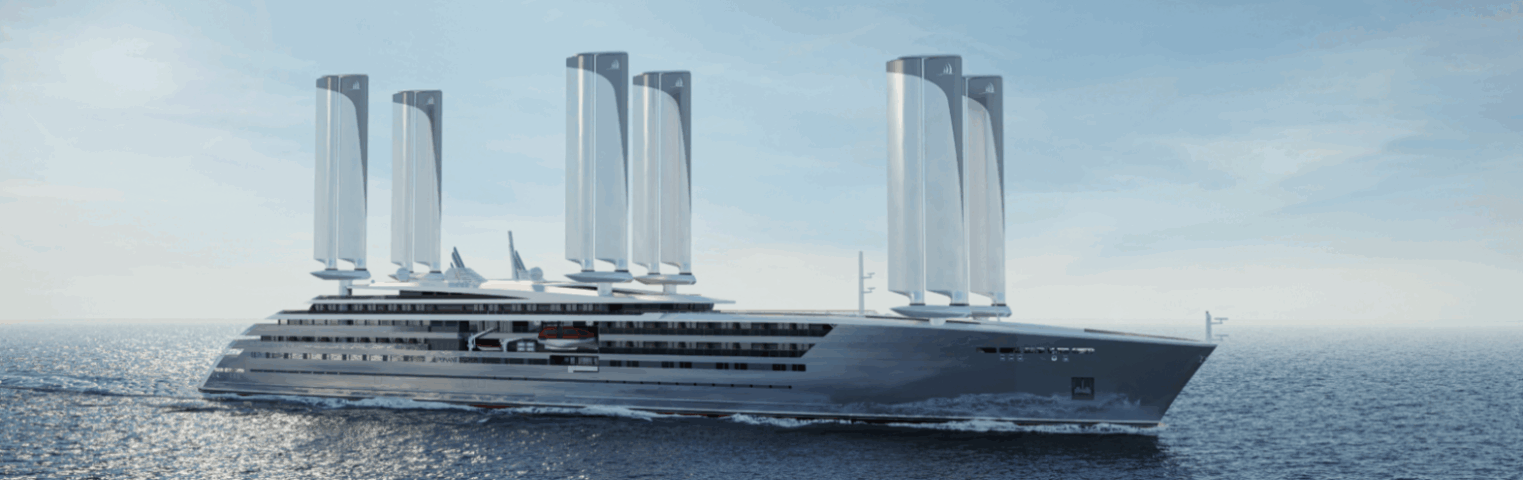 Ponant Cruise ship is a silver coloured high tec ship equipped for clean power